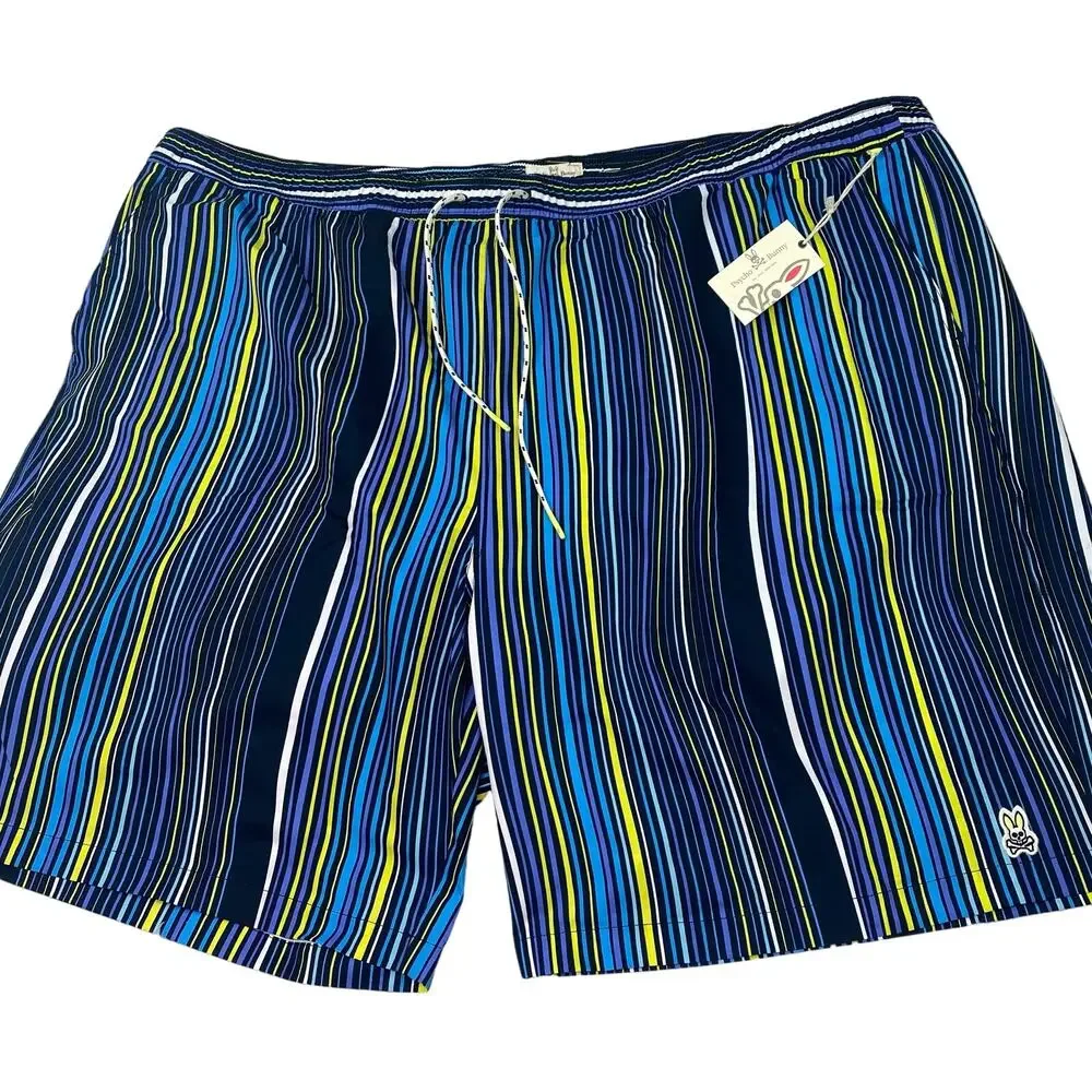 Psycho Bunny Men's Swim Trunks Size 5XLT Blue Stripe Dry Pocket NWT